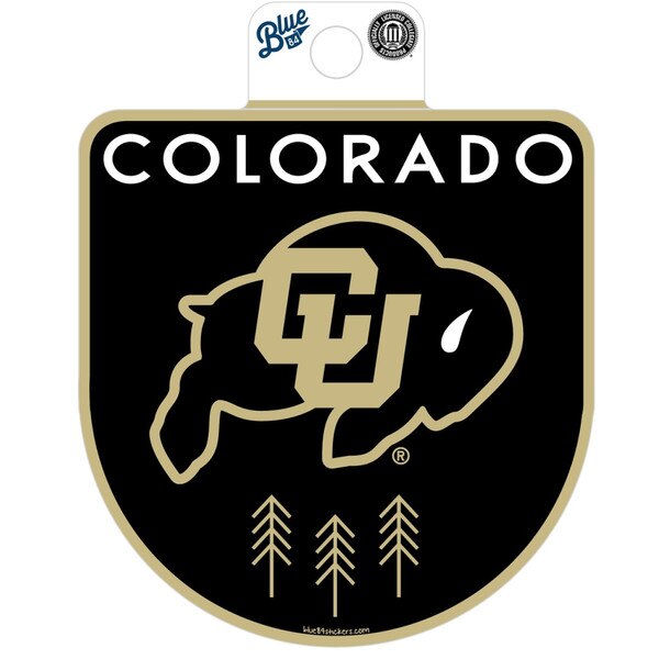 Colorado sticker with CU Buffaloes logo and pine tree graphic in black and gold